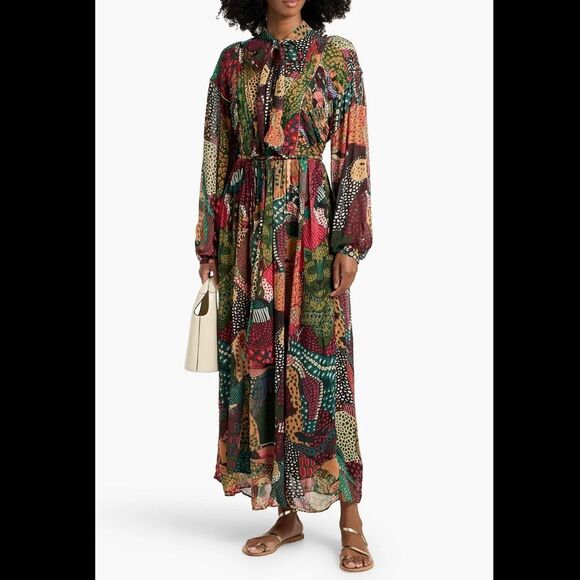 Farm Rio Fauna Belted Printed Maxi Dress Size S Boho Long Sleeve V Neck Viscose - Picture 1 of 14